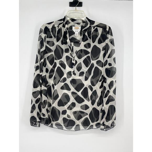 Talbots Sheer Black White Geometric Print Silk‎ Blouse Size 14 Petite Classic - Picture 1 of 4